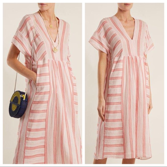 MASSCOB V-neck Striped Cotton Dress In Pink Stripe - Picture 3 of 12